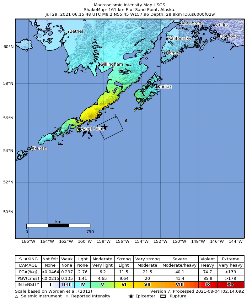 USGS ShakeMap: estimated shaking intensity around the epicenter