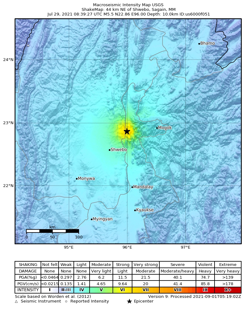 USGS ShakeMap intensity contours for the M5.5 earthquake near 44 km NE of Shwebo, Myanmar