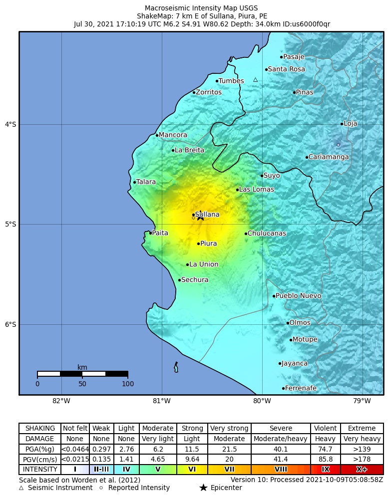USGS ShakeMap intensity contours for the M6.2 earthquake near 7 km E of Sullana, Peru