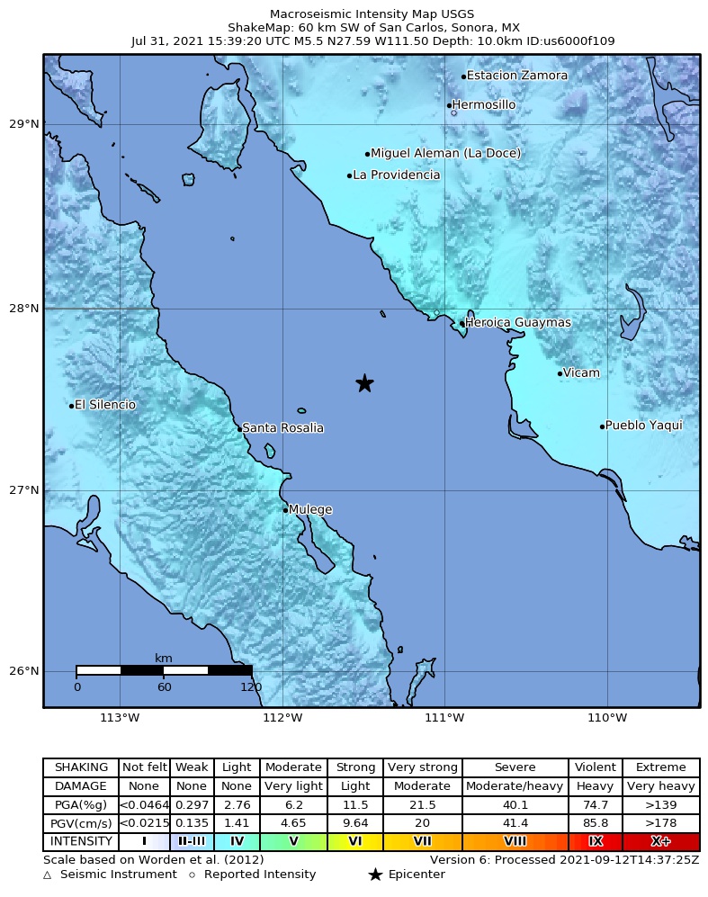 USGS ShakeMap intensity contours for the M5.5 earthquake near 60 km SW of San Carlos, Mexico