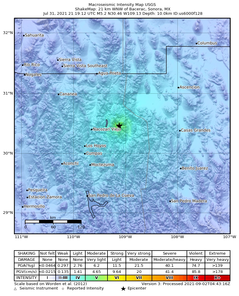 USGS ShakeMap intensity contours for the M5.2 earthquake near 17 km W of Bavispe, Mexico