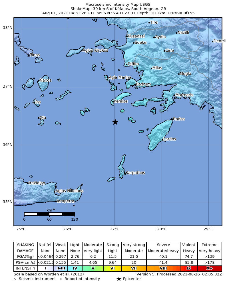 USGS ShakeMap intensity contours for the M5.6 earthquake near 26 km SSW of Mandráki, Greece