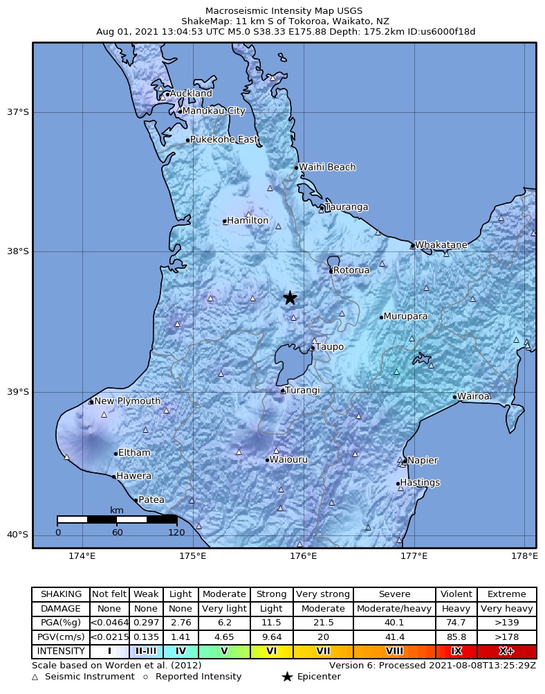 USGS ShakeMap intensity contours for the M5.0 earthquake near 11 km S of Tokoroa, New Zealand