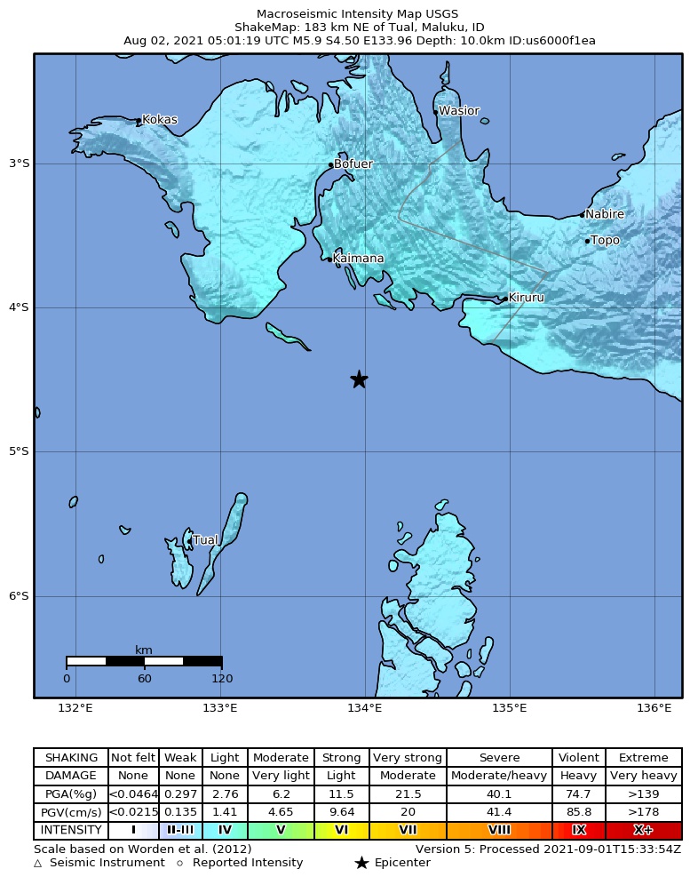 USGS ShakeMap intensity contours for the M6.0 earthquake near 182 km NE of Tual, Indonesia