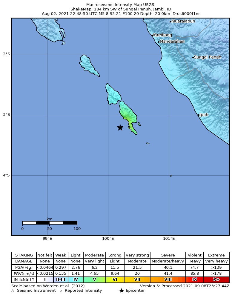 USGS ShakeMap intensity contours for the M5.8 earthquake near 184 km SW of Sungai Penuh, Indonesia