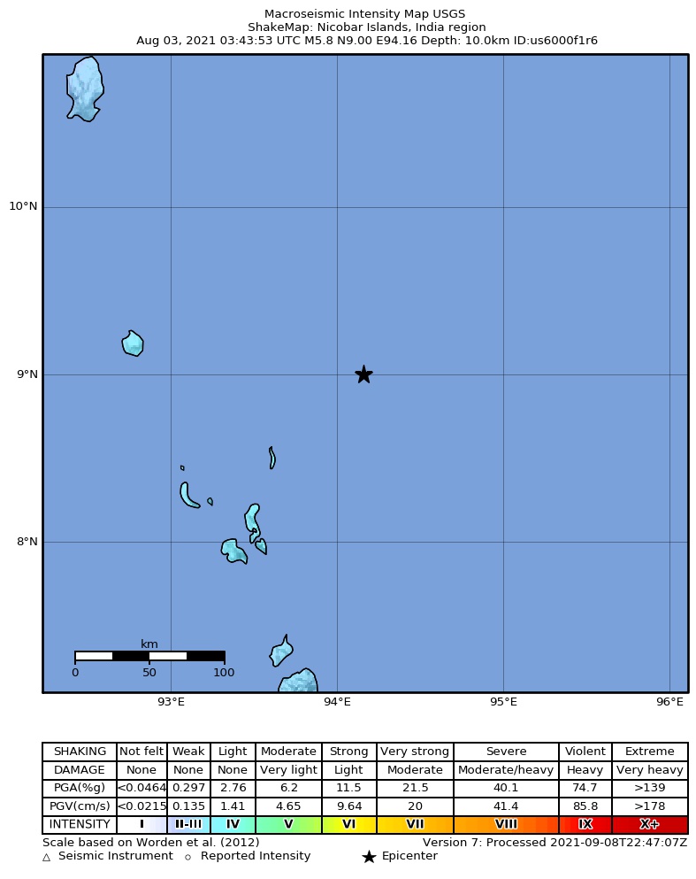 USGS ShakeMap intensity contours for the M5.8 earthquake near Nicobar Islands, India region