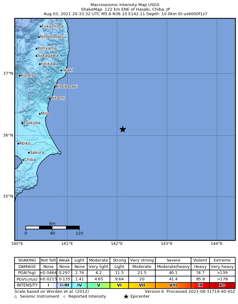 USGS ShakeMap intensity contours for the M5.8 earthquake near 121 km ENE of Hasaki, Japan