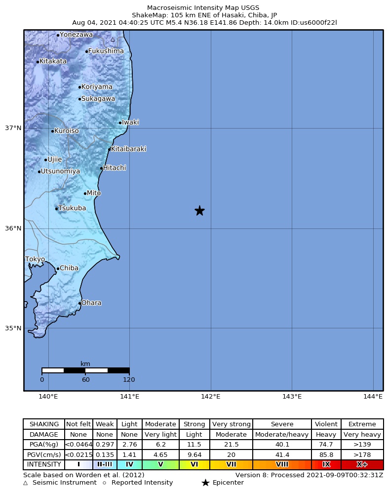 USGS ShakeMap intensity contours for the M5.4 earthquake near 105 km ENE of Hasaki, Japan