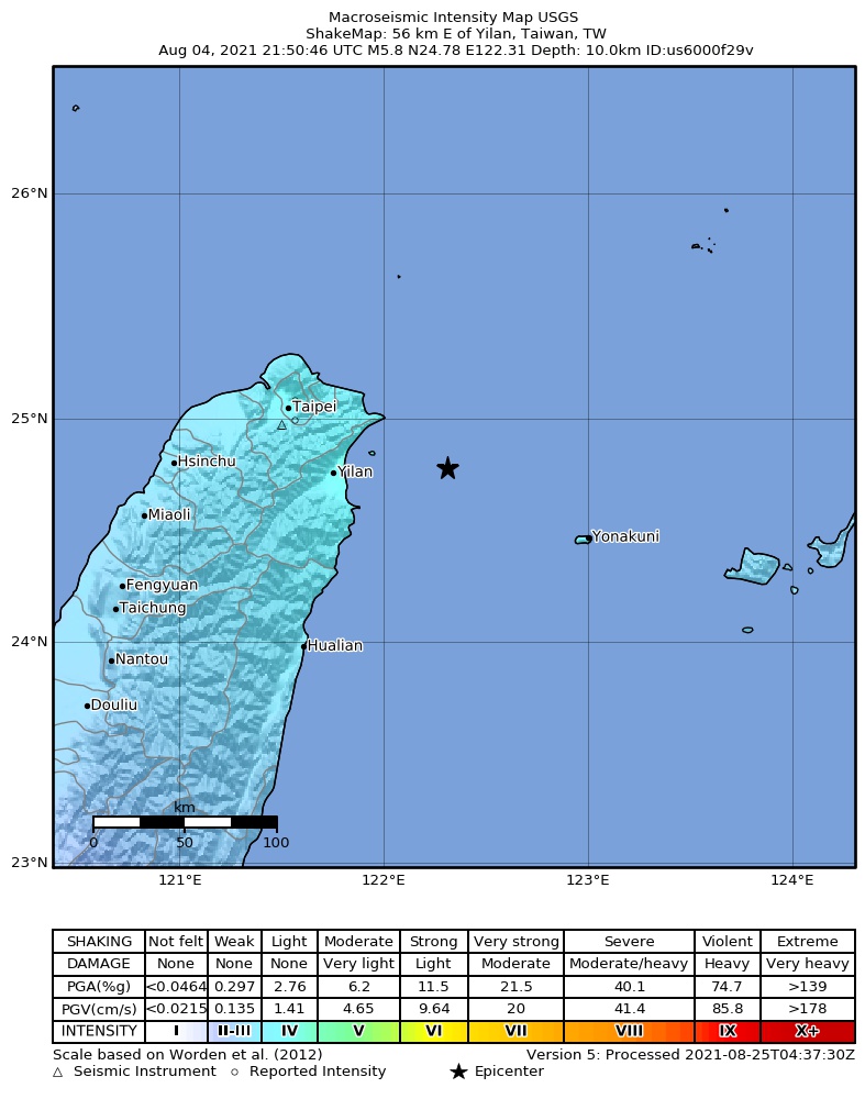 USGS ShakeMap intensity contours for the M5.8 earthquake near 56 km E of Yilan, Taiwan