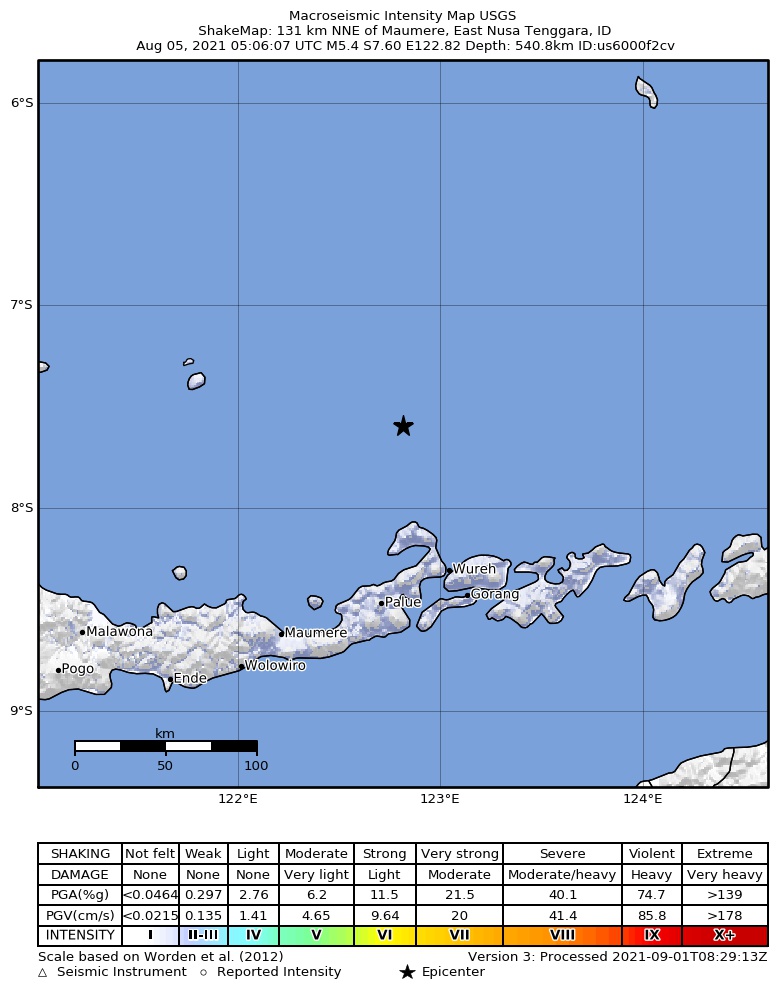 USGS ShakeMap intensity contours for the M5.4 earthquake near 131 km NNE of Maumere, Indonesia