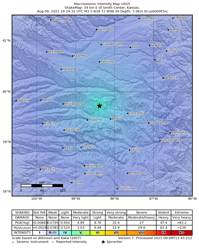 USGS ShakeMap intensity contours for the M3.5 earthquake near Kansas