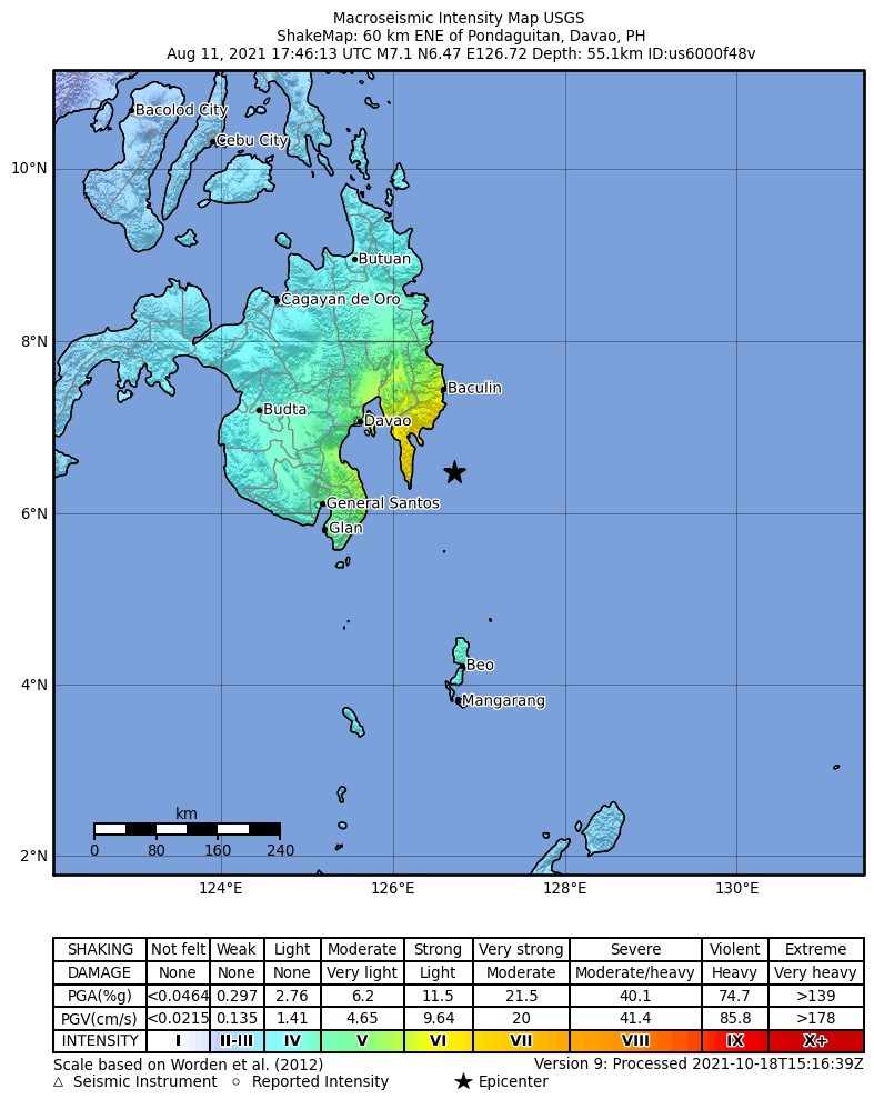 USGS ShakeMap intensity contours for the M7.1 earthquake near 60 km ENE of Pondaguitan, Philippines