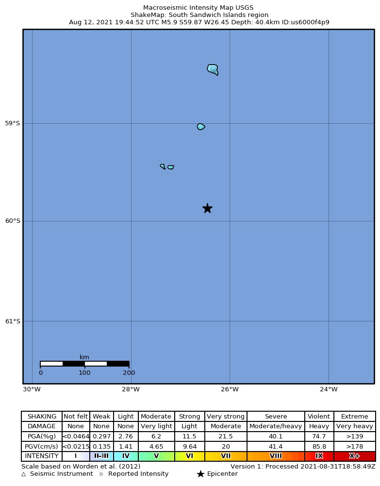 USGS ShakeMap intensity contours for the M5.9 earthquake near South Sandwich Islands region