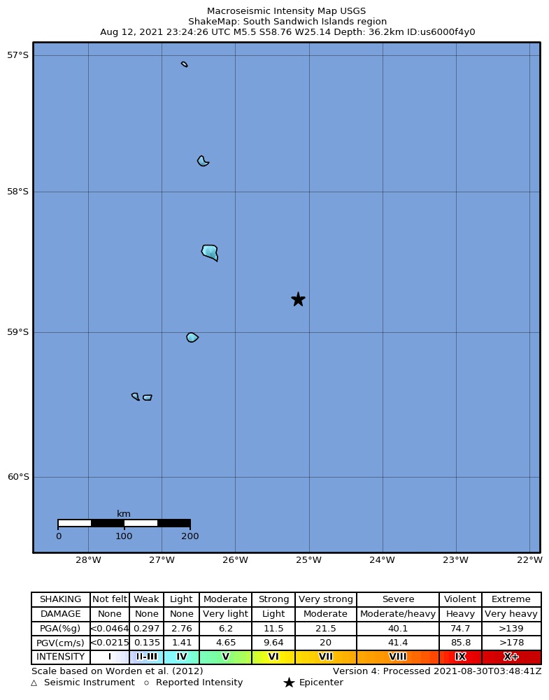USGS ShakeMap intensity contours for the M5.5 earthquake near South Sandwich Islands region
