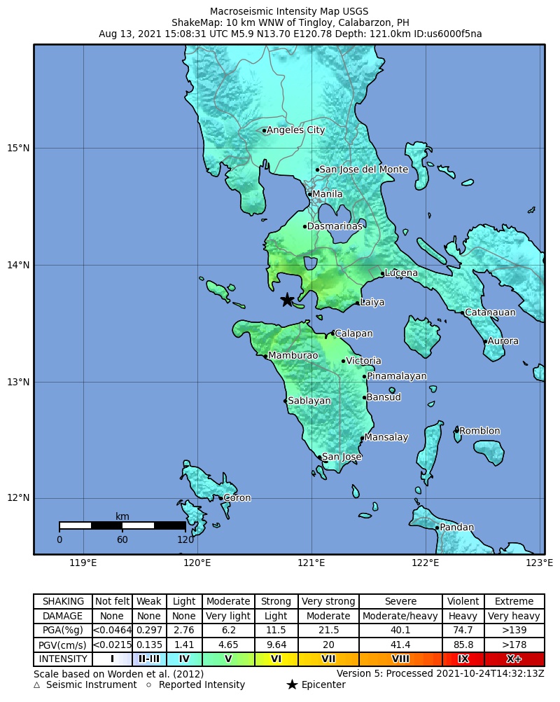 USGS ShakeMap intensity contours for the M5.9 earthquake near 10 km WNW of Tingloy, Philippines