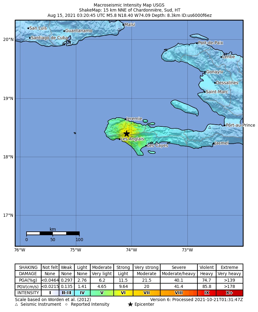 USGS ShakeMap intensity contours for the M5.8 earthquake near 15 km NNE of Chardonnière, Haiti