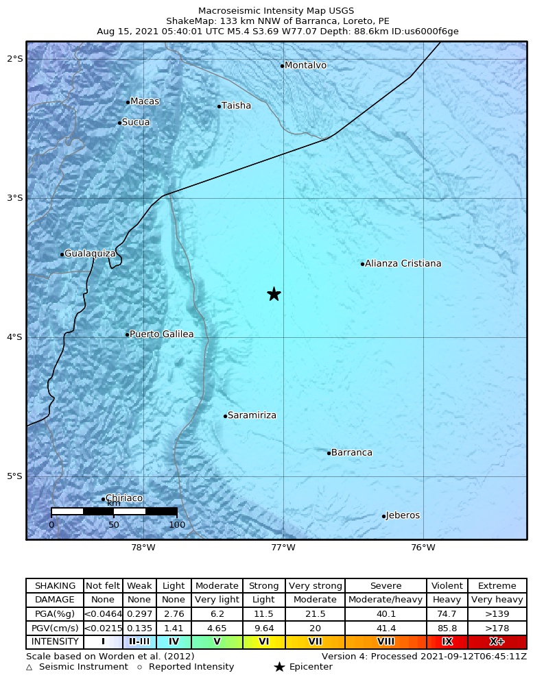 USGS ShakeMap intensity contours for the M5.4 earthquake near 72 km WSW of Alianza Cristiana, Peru