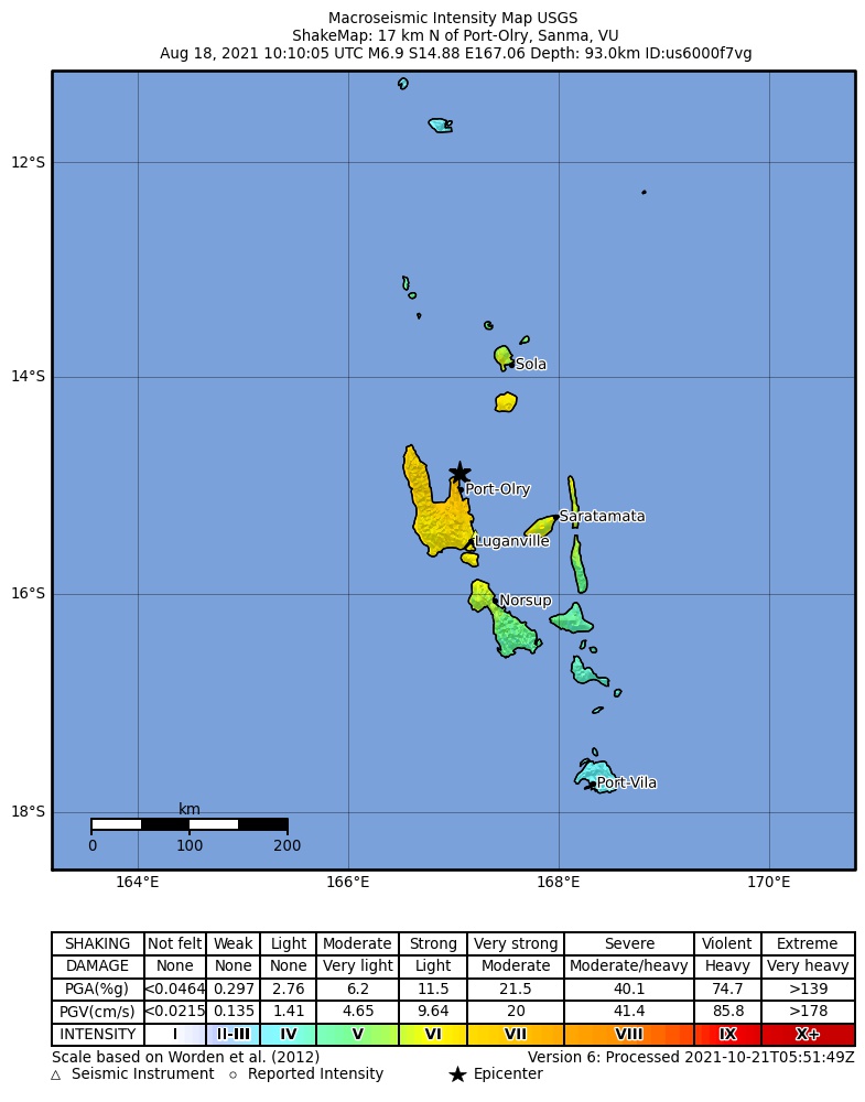 USGS ShakeMap intensity contours for the M6.9 earthquake near 17 km N of Port-Olry, Vanuatu