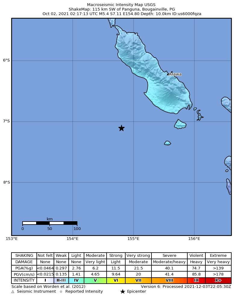 USGS ShakeMap intensity contours for the M5.4 earthquake near 115 km SW of Panguna, Papua New Guinea