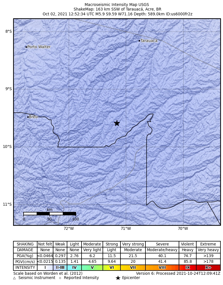 USGS ShakeMap intensity contours for the M5.9 earthquake near 163 km SSW of Tarauacá, Brazil