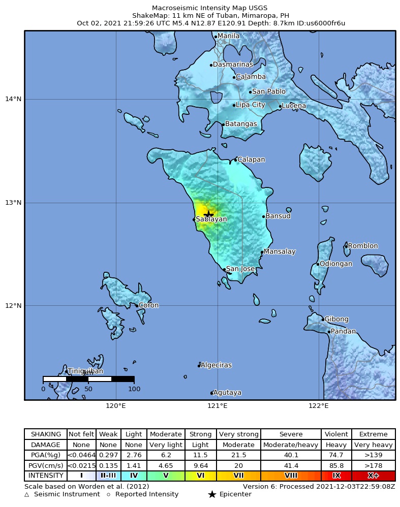 USGS ShakeMap intensity contours for the M5.4 earthquake near 11 km NE of Tuban, Philippines