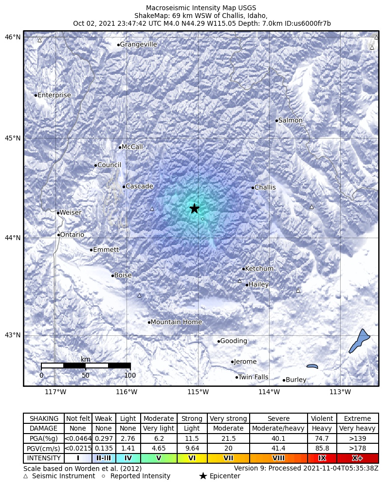 USGS ShakeMap intensity contours for the M4.0 earthquake near 12 km NW of Stanley, Idaho