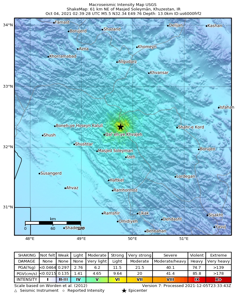USGS ShakeMap intensity contours for the M5.5 earthquake near 61 km NE of Masjed Soleym?n, Iran