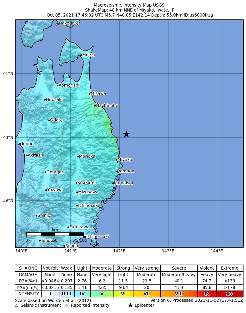 USGS ShakeMap intensity contours for the M5.7 earthquake near 48 km NNE of Miyako, Japan