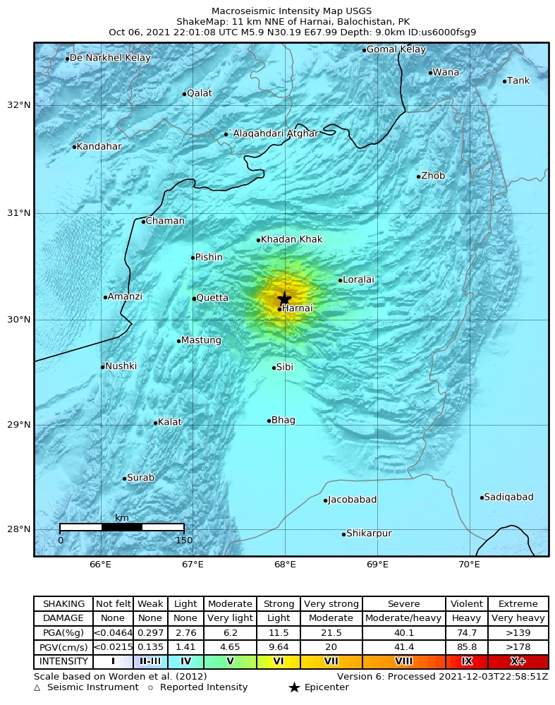 USGS ShakeMap intensity contours for the M5.9 earthquake near 11 km NNE of Harnai, Pakistan