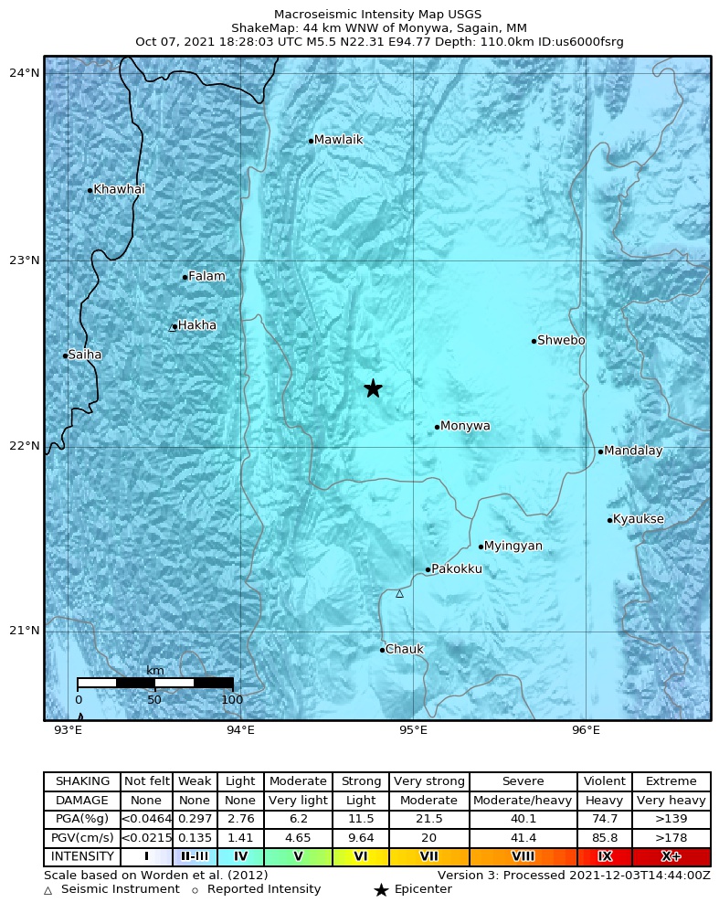 USGS ShakeMap intensity contours for the M5.5 earthquake near 44 km WNW of Monywa, Myanmar