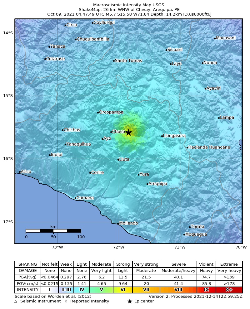 USGS ShakeMap intensity contours for the M5.7 earthquake near 4 km NW of Madrigal, Peru