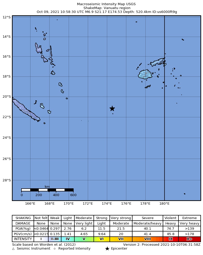 USGS ShakeMap intensity contours for the M6.9 earthquake near Vanuatu region