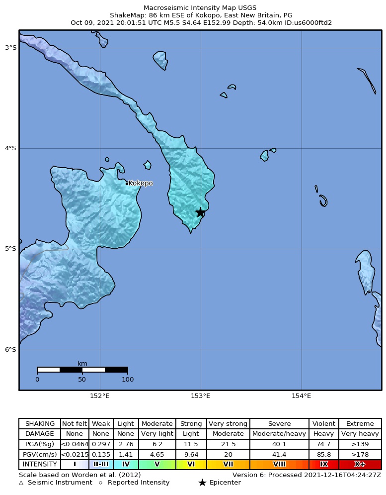 USGS ShakeMap intensity contours for the M5.5 earthquake near 86 km ESE of Kokopo, Papua New Guinea