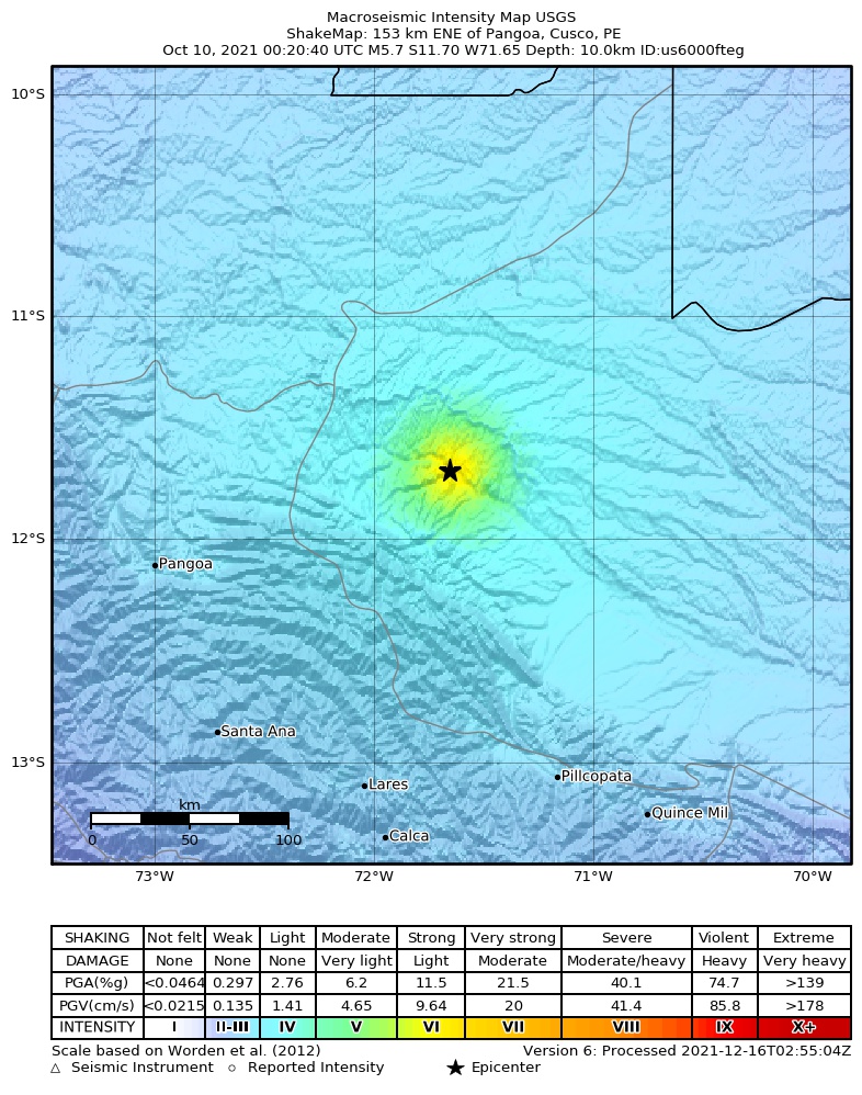USGS ShakeMap intensity contours for the M5.7 earthquake near 130 km NNW of Salvación, Peru
