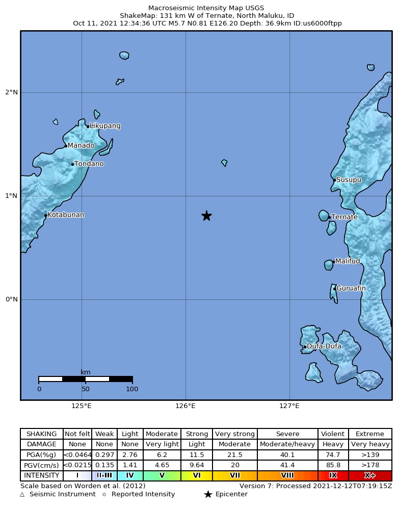 USGS ShakeMap intensity contours for the M5.7 earthquake near 131 km W of Ternate, Indonesia