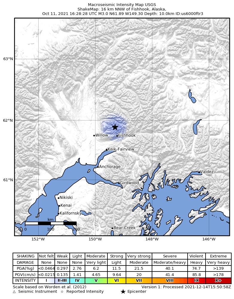 USGS ShakeMap: estimated shaking intensity around the epicenter