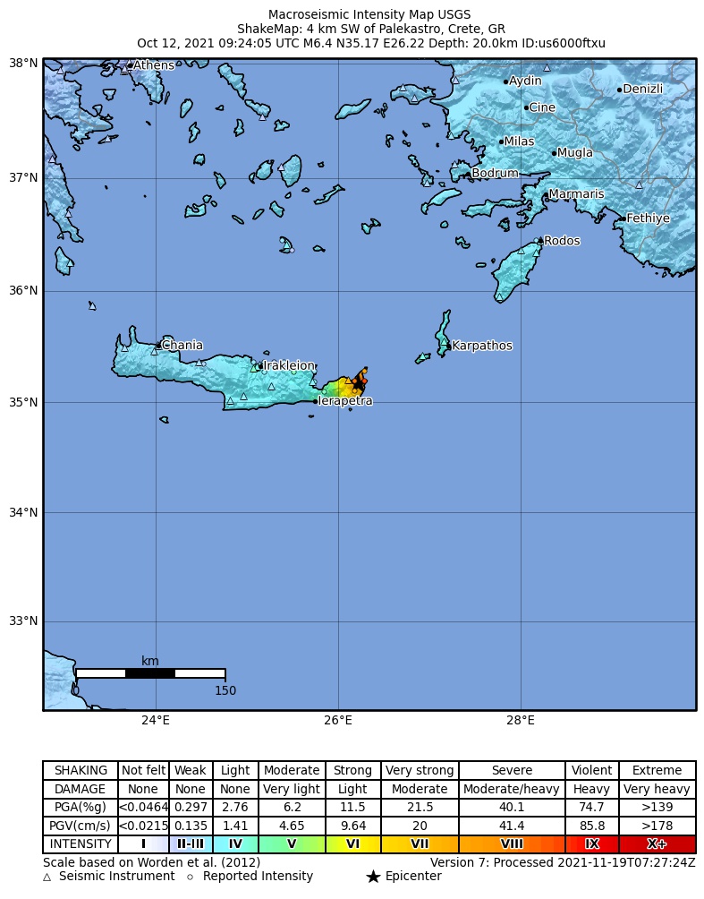 USGS ShakeMap intensity contours for the M6.4 earthquake near 4 km SW of Palekastro, Greece