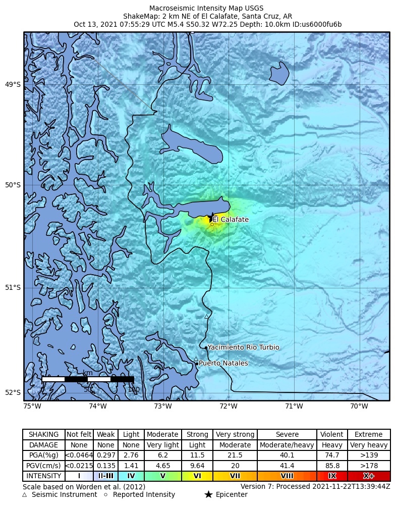 USGS ShakeMap intensity contours for the M5.4 earthquake near 2 km NE of El Calafate, Argentina