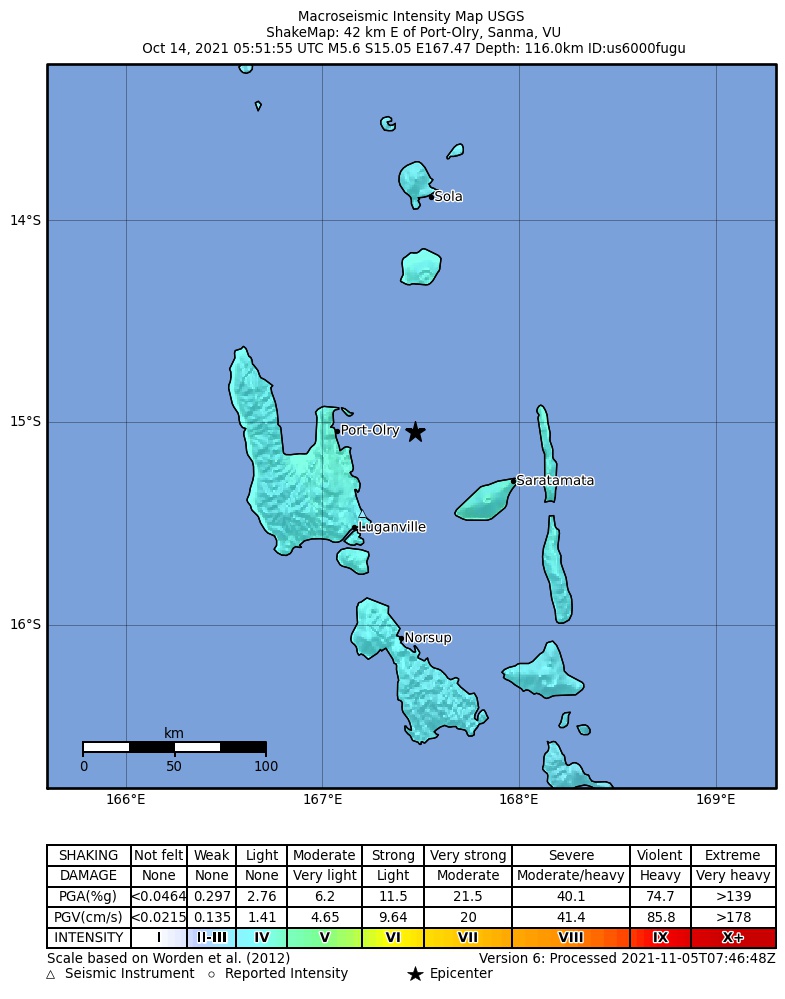 USGS ShakeMap intensity contours for the M5.6 earthquake near 42 km E of Port-Olry, Vanuatu