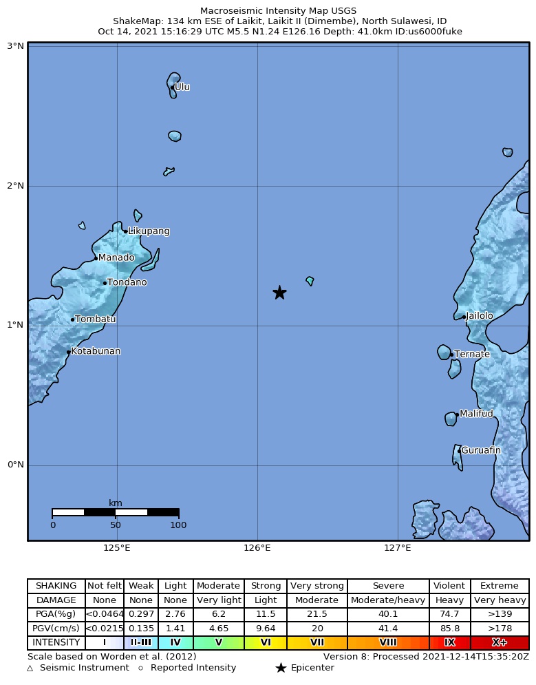 USGS ShakeMap intensity contours for the M5.5 earthquake near 134 km ESE of Laikit, Laikit II (Dimembe), Indonesia