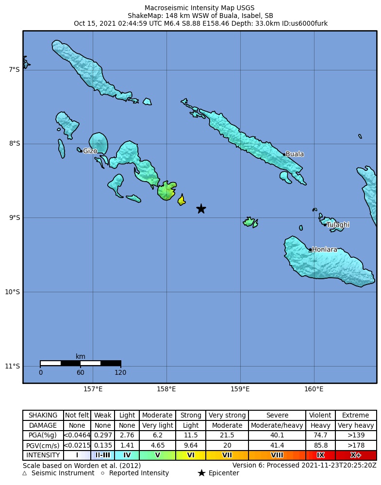 USGS ShakeMap intensity contours for the M6.4 earthquake near 148 km WSW of Buala, Solomon Islands