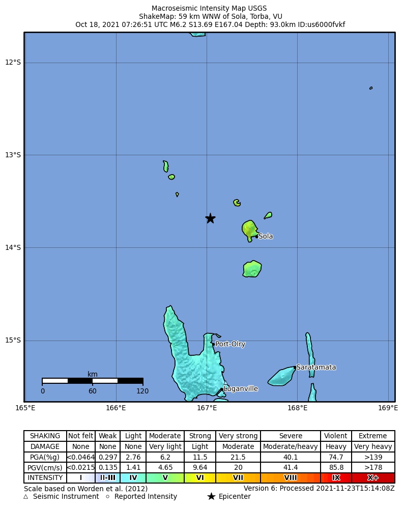 USGS ShakeMap intensity contours for the M6.2 earthquake near 59 km WNW of Sola, Vanuatu