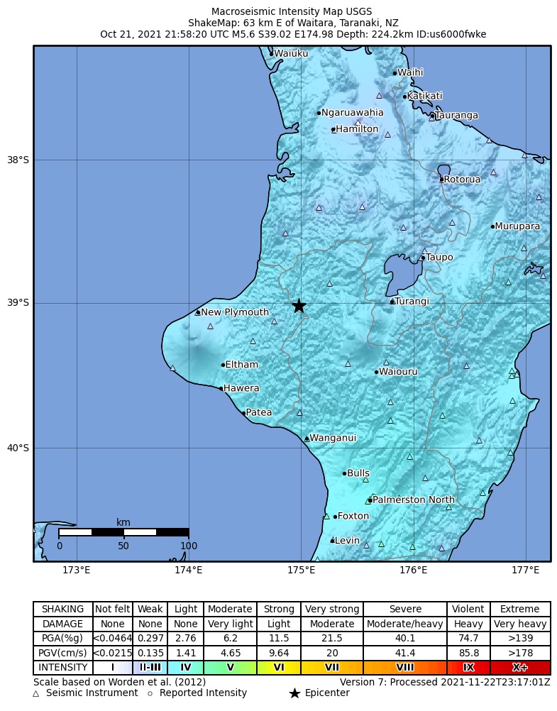 USGS ShakeMap intensity contours for the M5.6 earthquake near 63 km E of Waitara, New Zealand