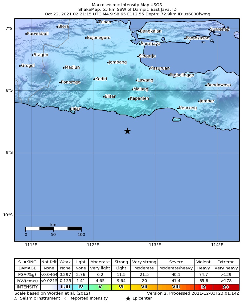 USGS ShakeMap intensity contours for the M4.9 earthquake near 53 km SSW of Dampit, Indonesia