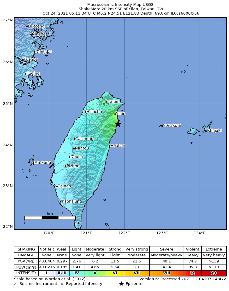 USGS ShakeMap intensity contours for the M6.2 earthquake near 28 km SSE of Yilan, Taiwan