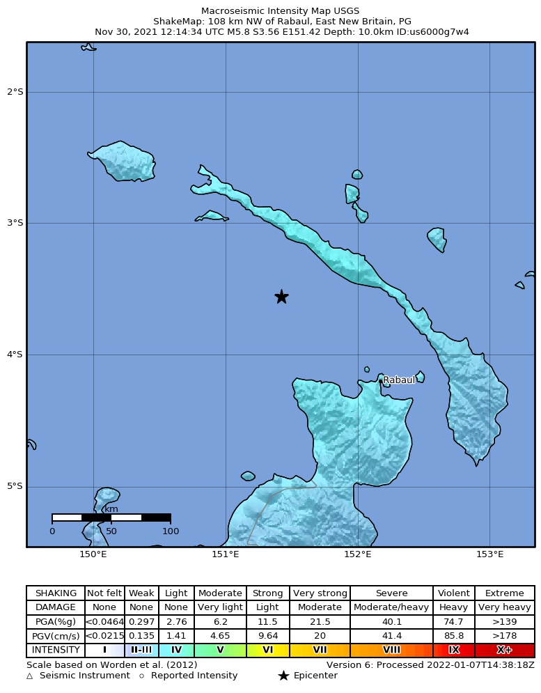 USGS ShakeMap intensity contours for the M5.8 earthquake near 108 km NW of Rabaul, Papua New Guinea