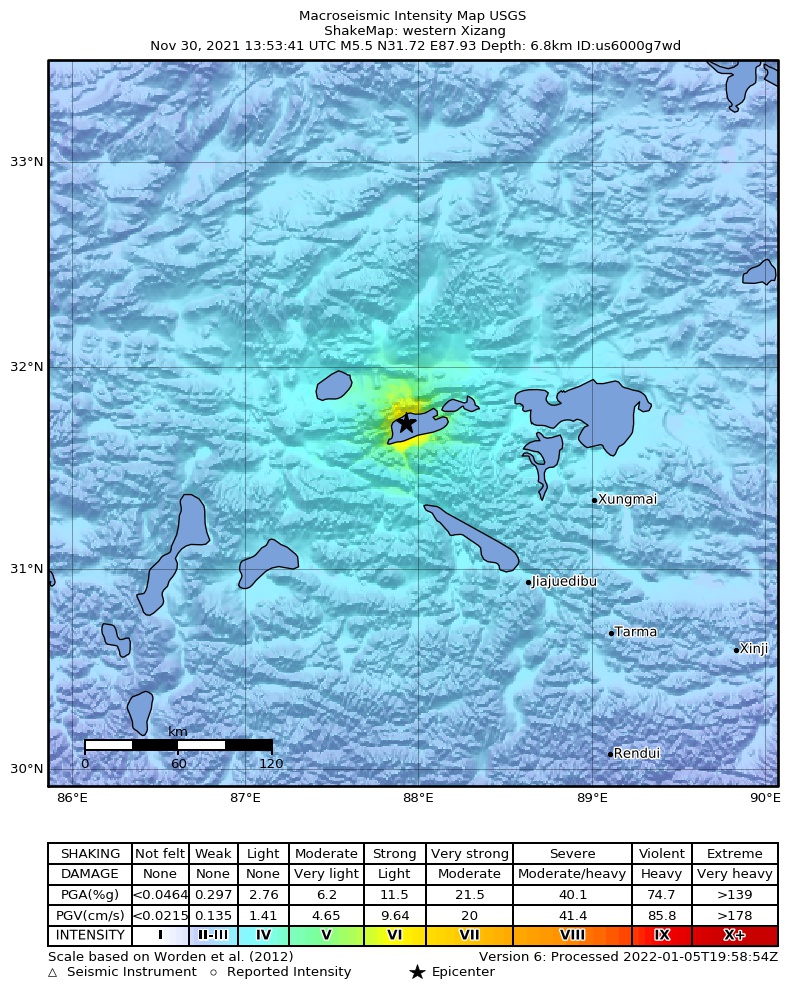 USGS ShakeMap intensity contours for the M5.5 earthquake near 289 km NNW of Rikaze, China