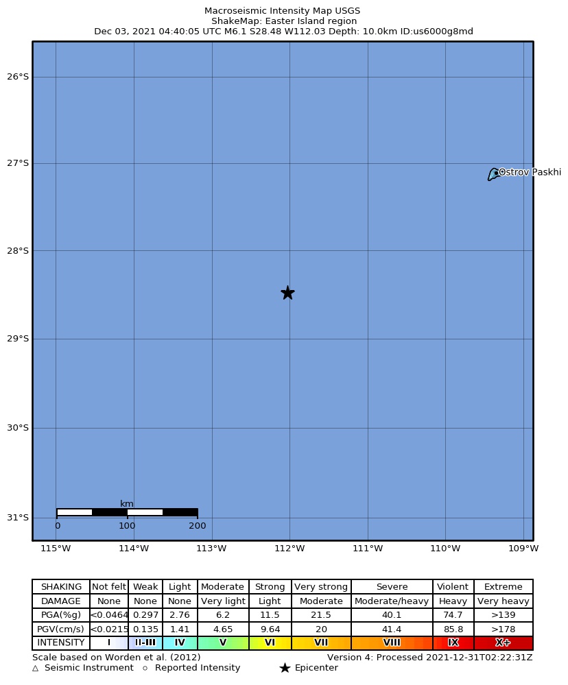 USGS ShakeMap intensity contours for the M6.1 earthquake near 295 km WSW of Hanga Roa, Chile