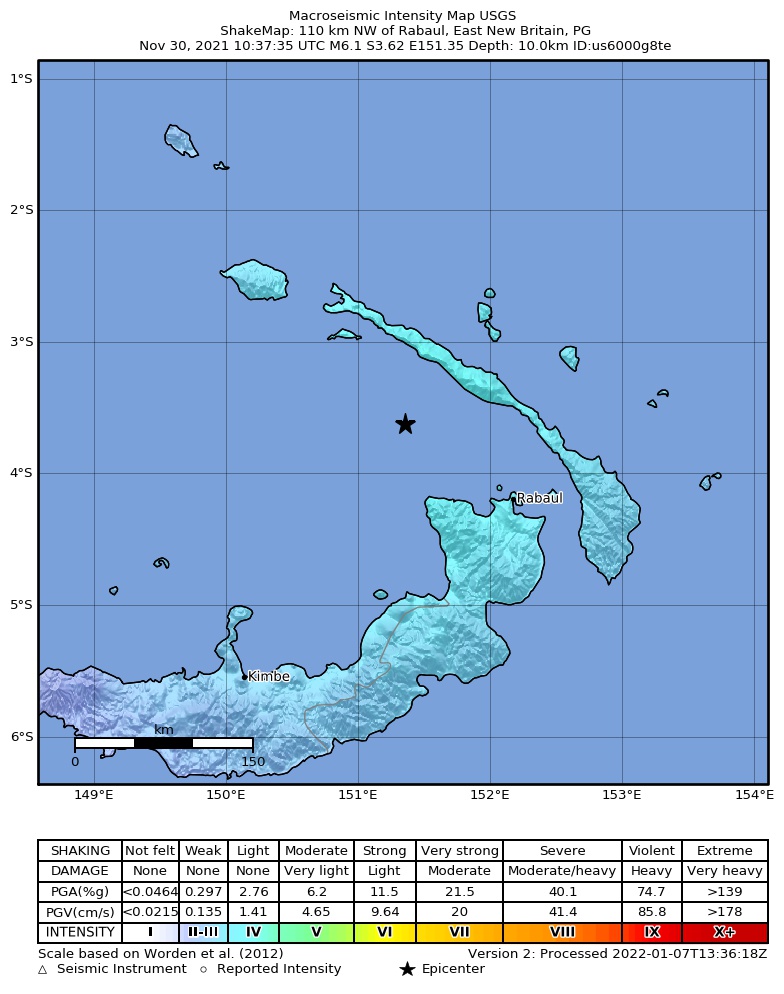 USGS ShakeMap intensity contours for the M6.1 earthquake near 110 km NW of Rabaul, Papua New Guinea