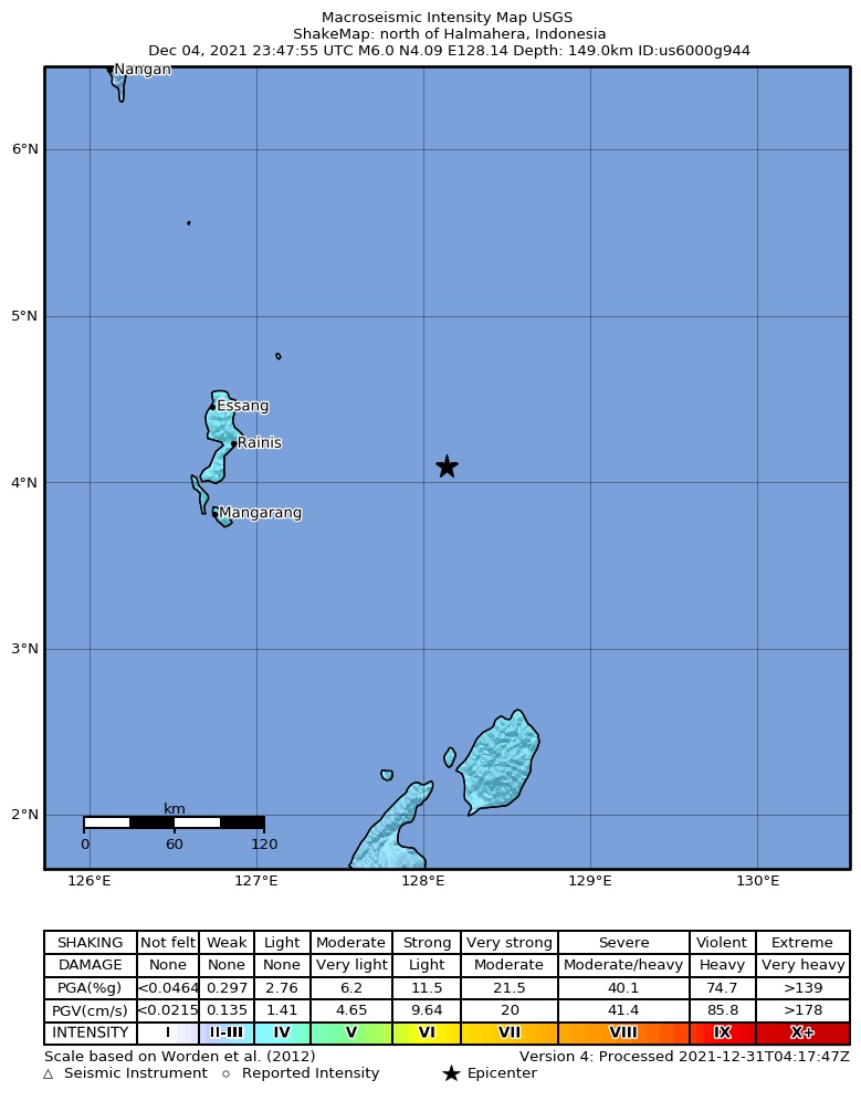 USGS ShakeMap intensity contours for the M6.0 earthquake near 261 km N of Tobelo, Indonesia
